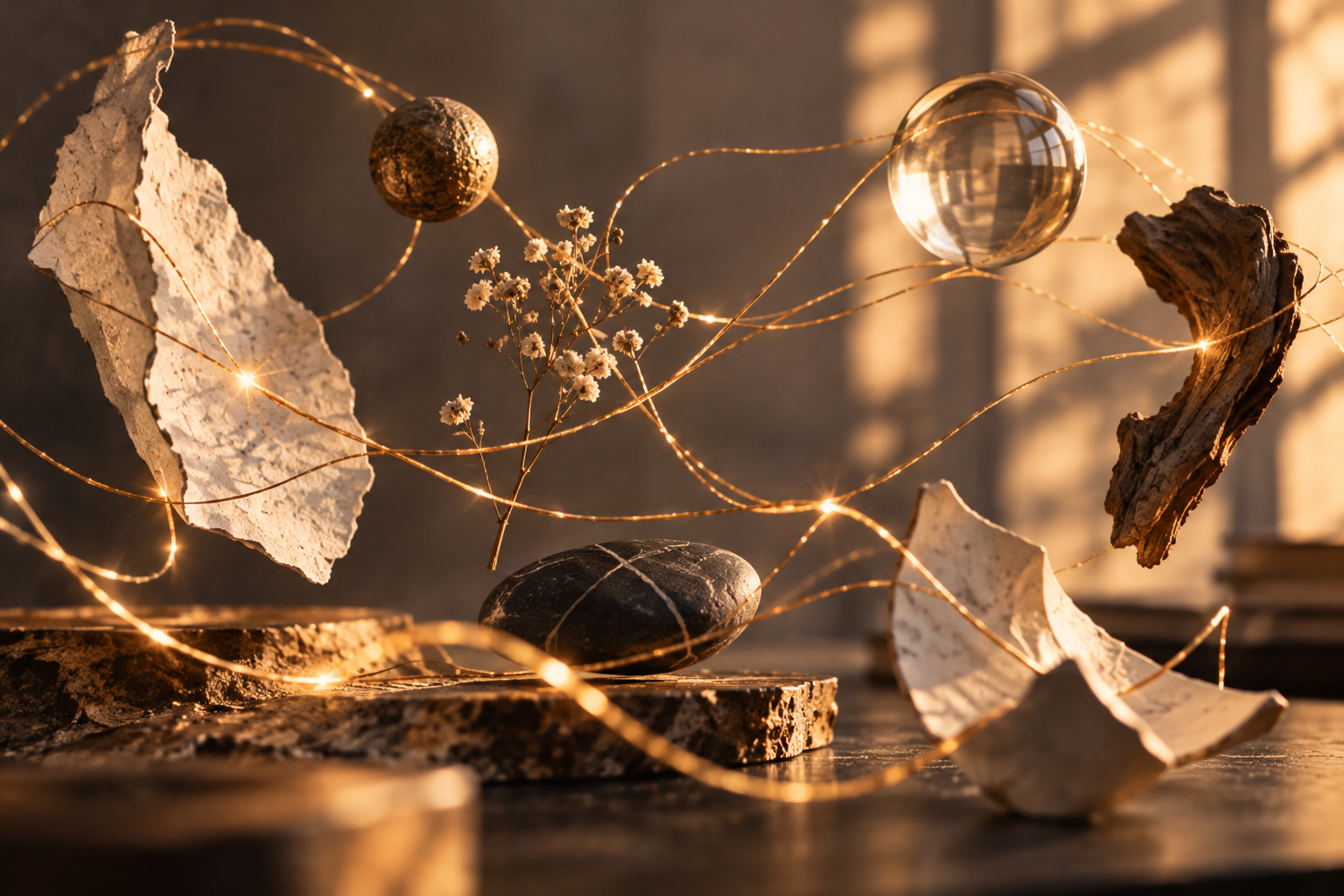 Delicate glowing golden threads connect suspended fragments of stone, glass, wood, ceramic, and dried flowers in a warm, abstract composition.