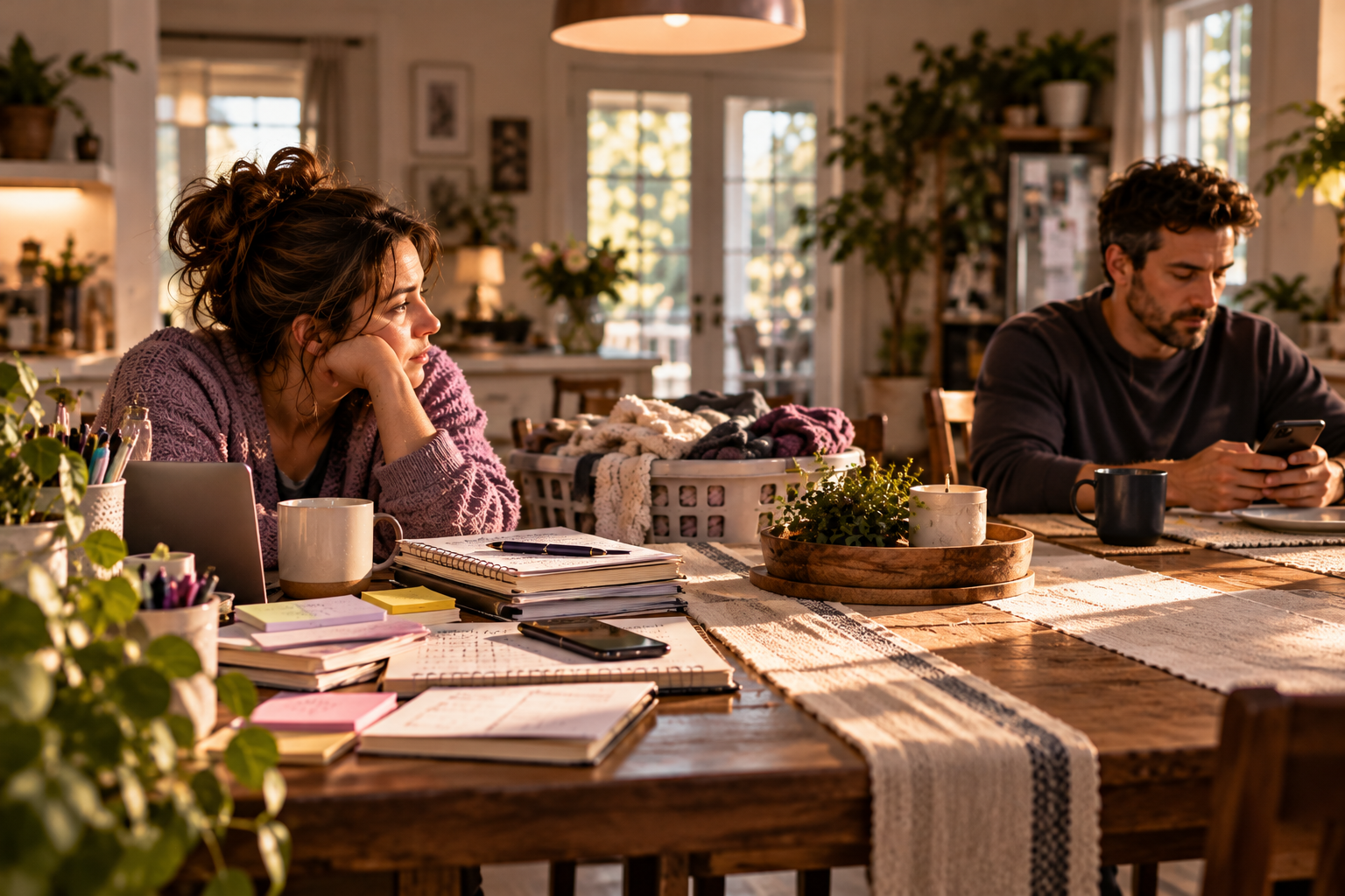 Two adults sit at opposite ends of a sunlit dining table. One is surrounded by planners, notes, and a laptop, while the other looks at a phone, with a basket of laundry between them.