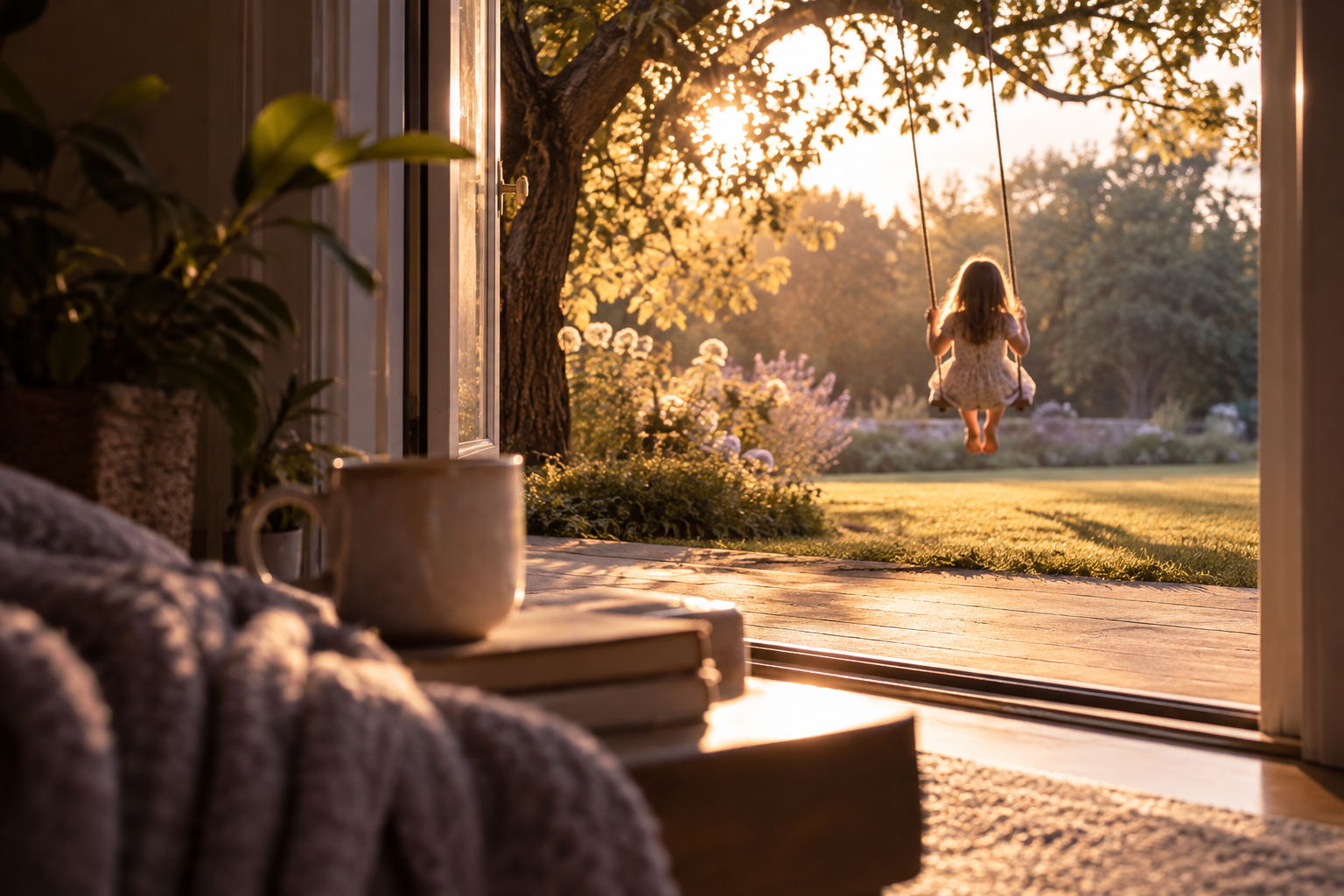 A young girl swings beneath a tree in a sunlit backyard, viewed through an open doorway from a quiet interior.