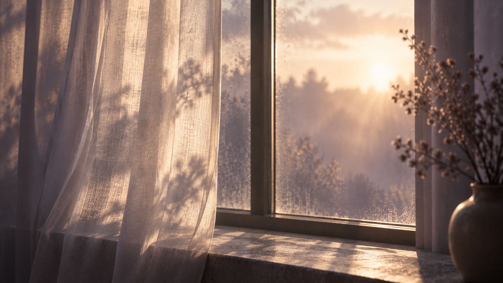 Soft golden light filtering through a sheer curtain and frosted window, with a ceramic vase silhouetted against the warm glow.
