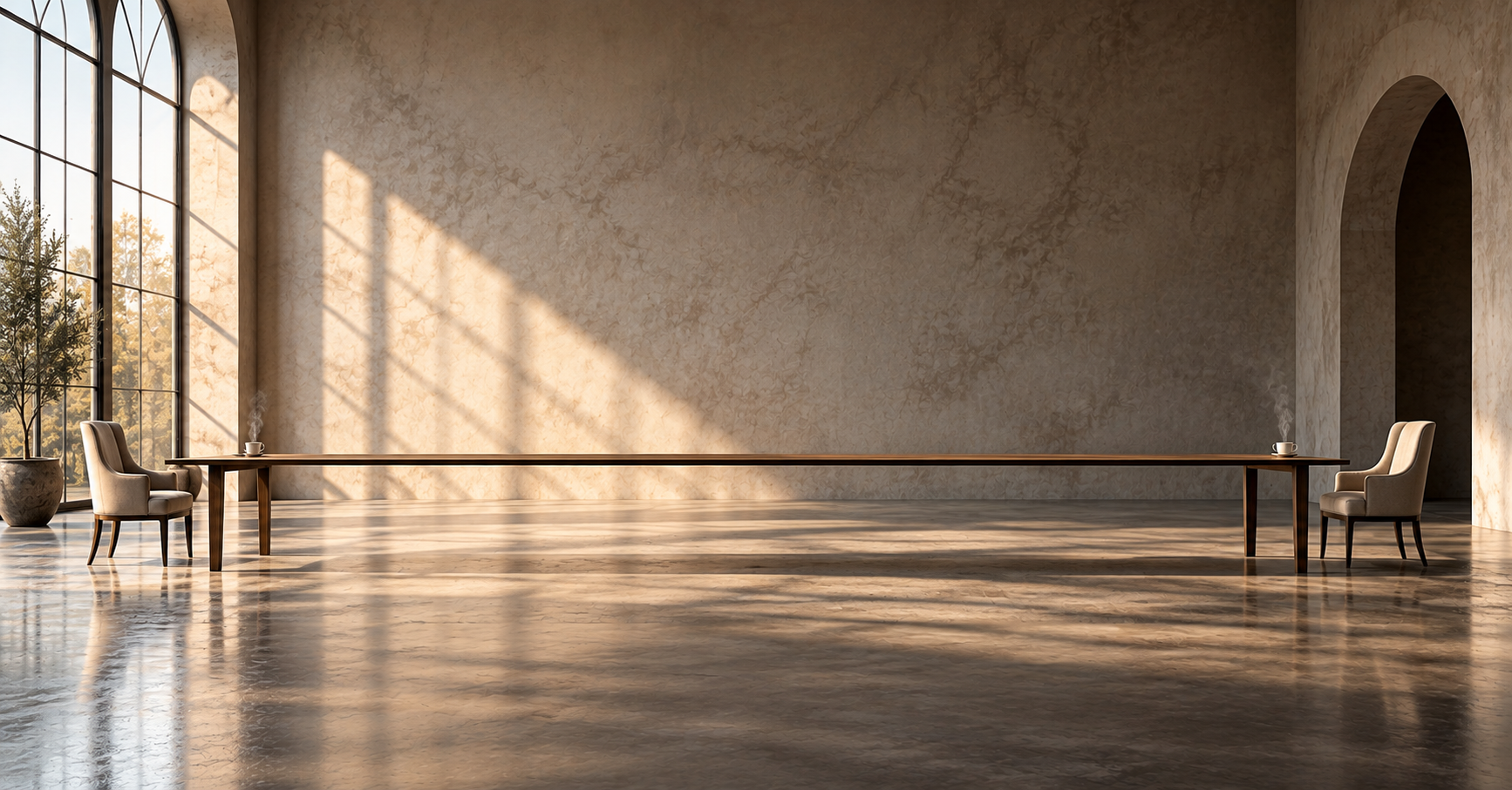 Two empty upholstered chairs face each other across an impossibly long, narrow wooden table, with a steaming coffee cup at each end, inside a sunlit minimalist room.