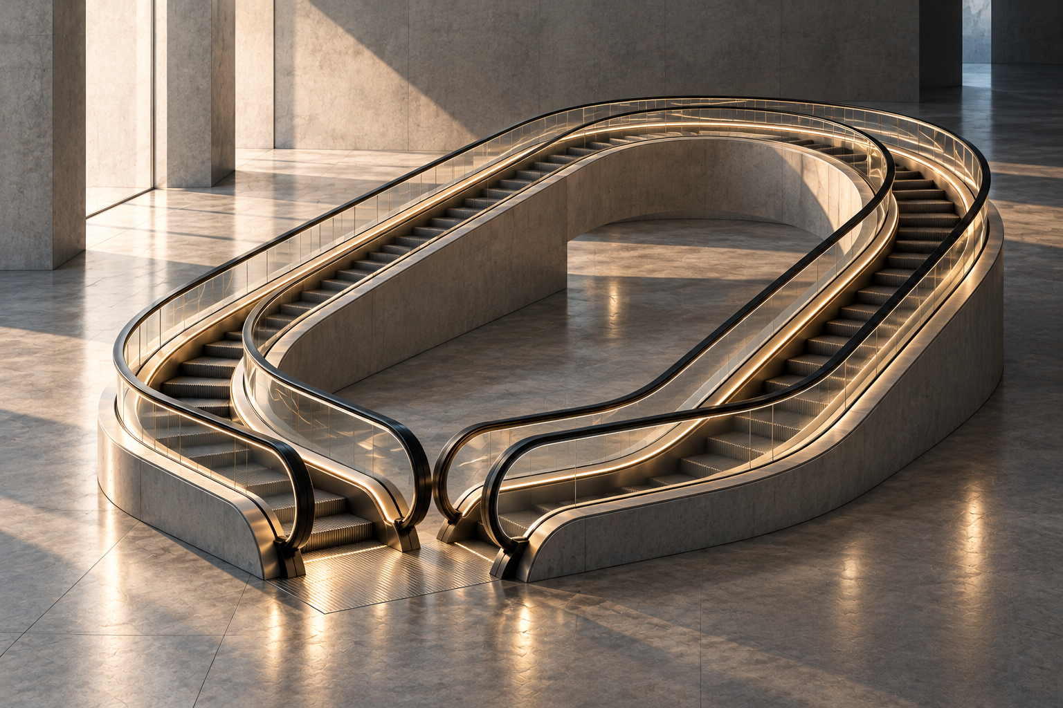 A monumental escalator forms an elaborate oval loop inside a minimalist concrete gallery, rising and descending before returning to nearly the same starting point.