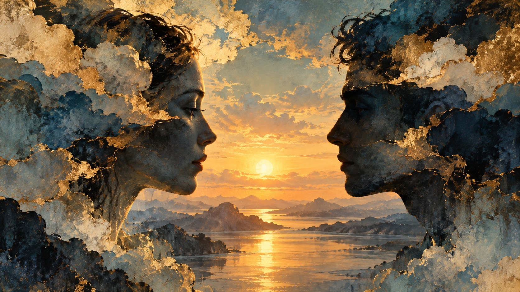 Two human profiles face one another across a glowing golden sunset over a tranquil lake. Their silhouettes blend into textured clouds, deep blue shadows, and gold-leaf accents, symbolizing differing perspectives and the space between them.