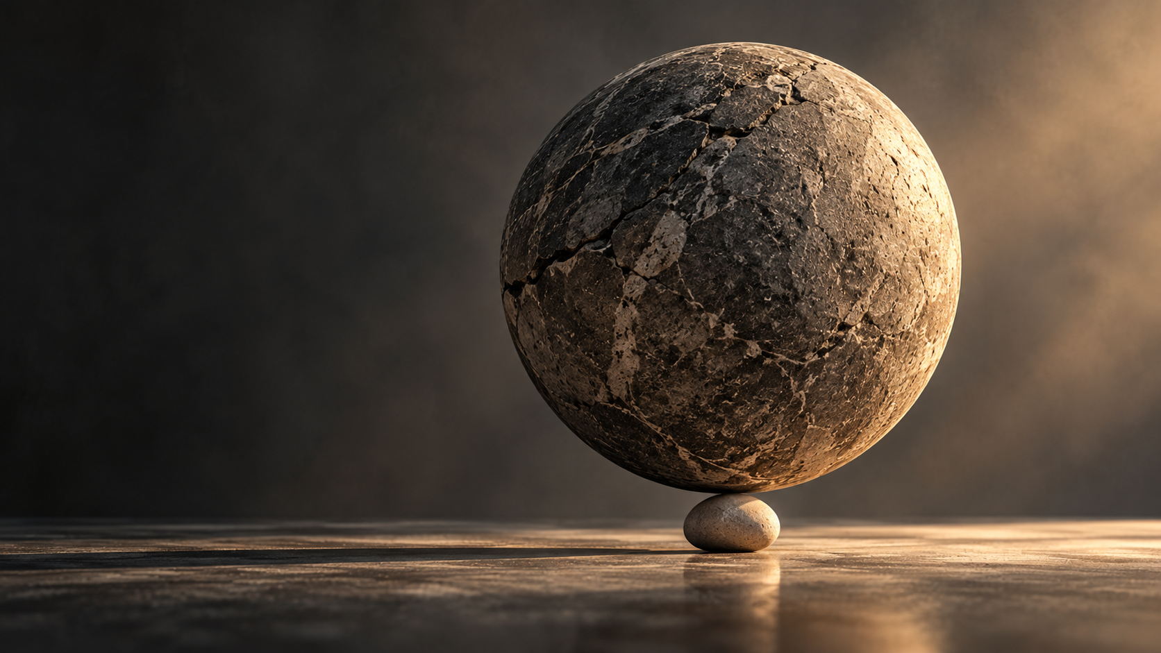 A massive, weathered stone sphere balances on a single small pebble against a dark, minimalist background.
