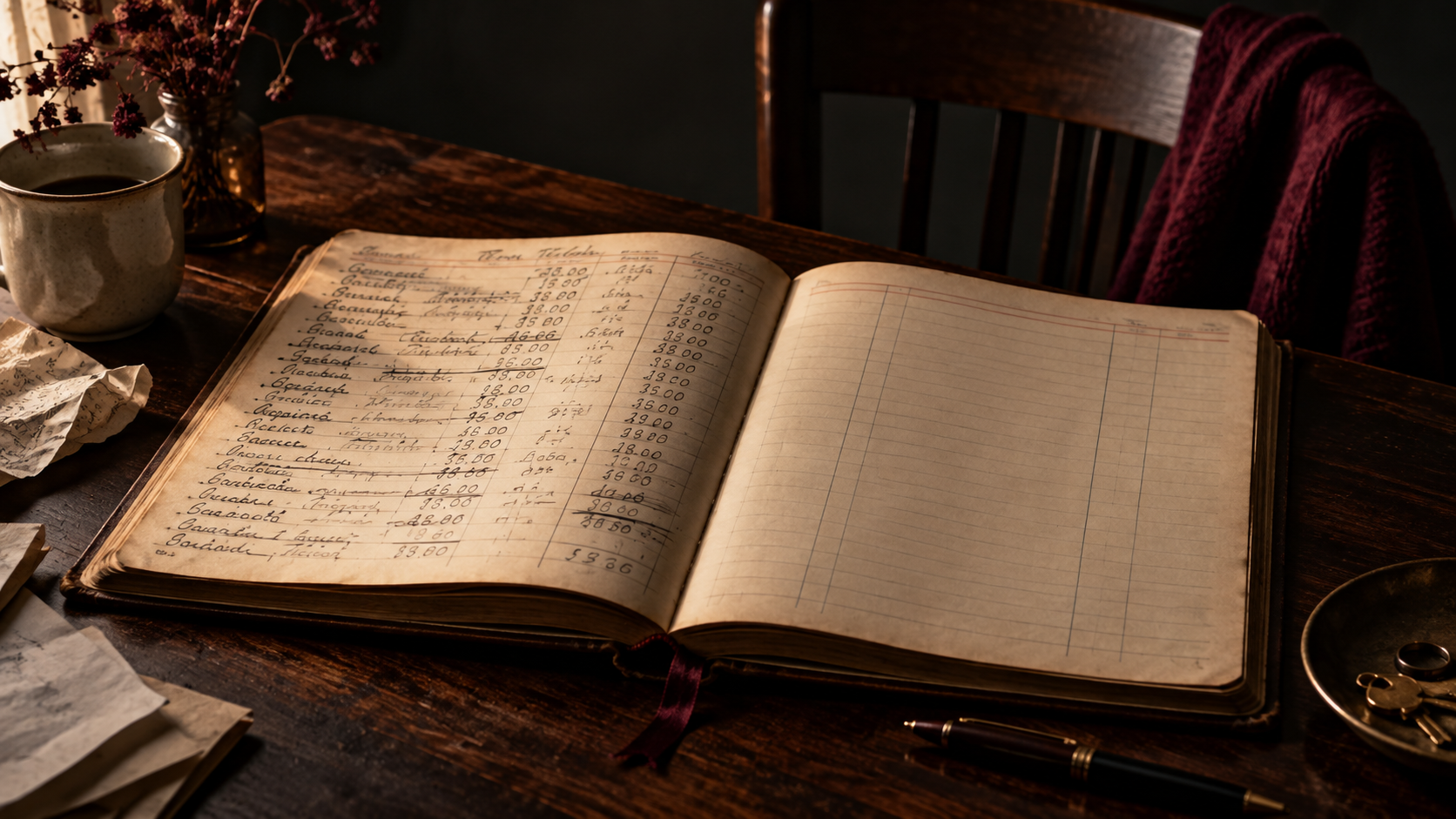 An open, aged accounting ledger on a dark wooden table, one page filled with handwritten entries and the other nearly blank, surrounded by papers, a coffee cup, and a pen in warm, subdued lighting.