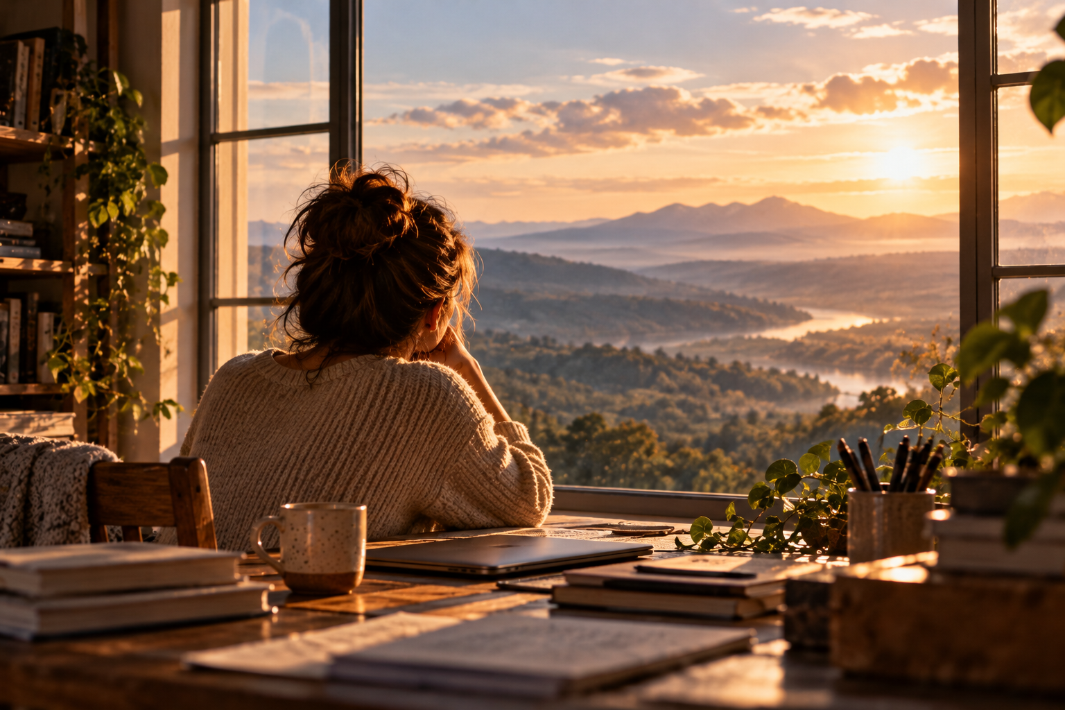 A woman sits at a desk in a warmly lit room, looking through a large window toward an expansive mountain valley and winding river at sunset.